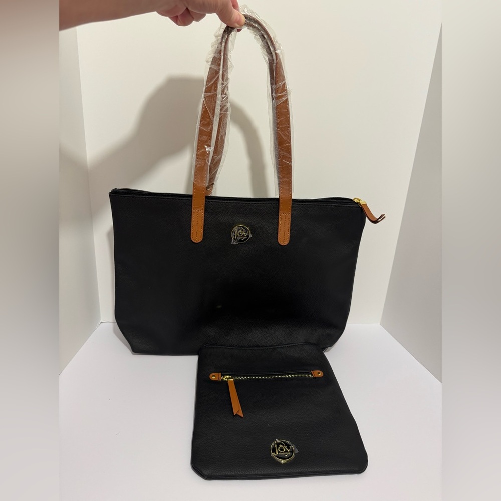 Joy Mangano Pebbled Leather Tote Bag With Crossbody Bag/Purse Black